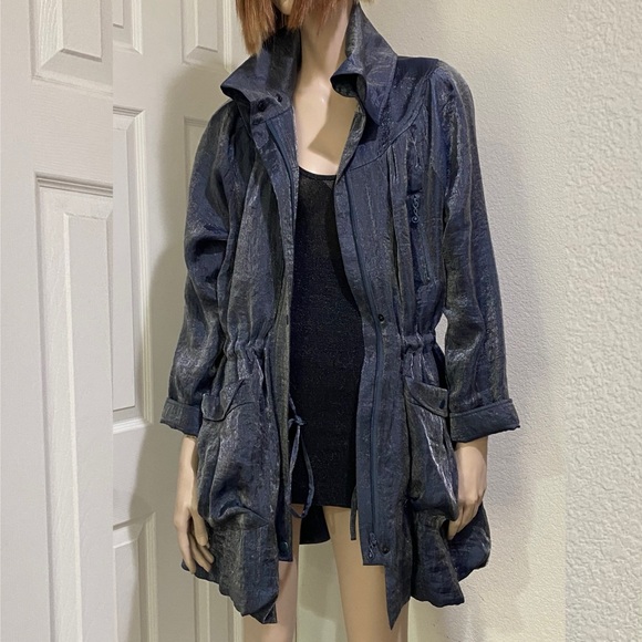 SAMUEL DONG Shimmer Bluish Gray Cinched Waist Bubble Coat Jacket Size L - Picture 4 of 16